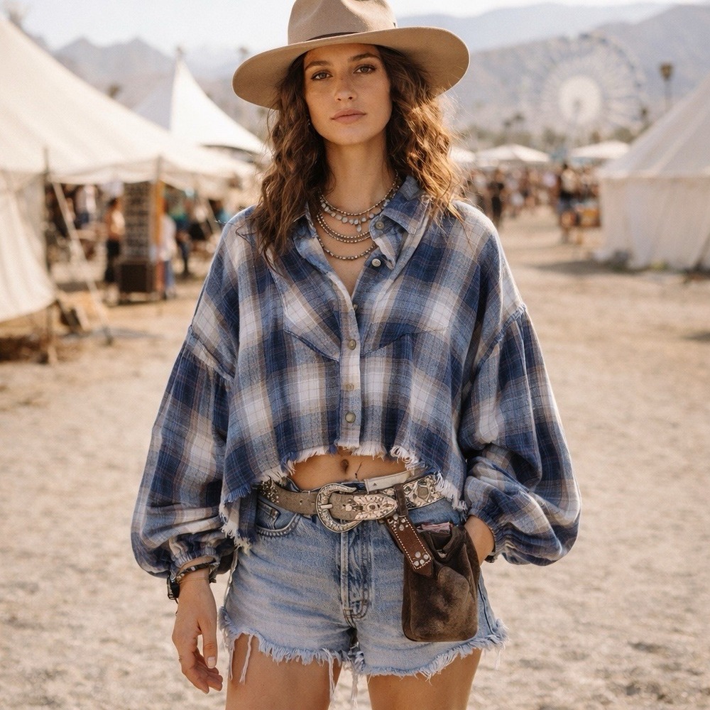 Free People Kyoto Plaid Oversized Swing Top XS Blue $128ā